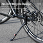 Kickstand installed beside mountain bike rear wheel on black frame support