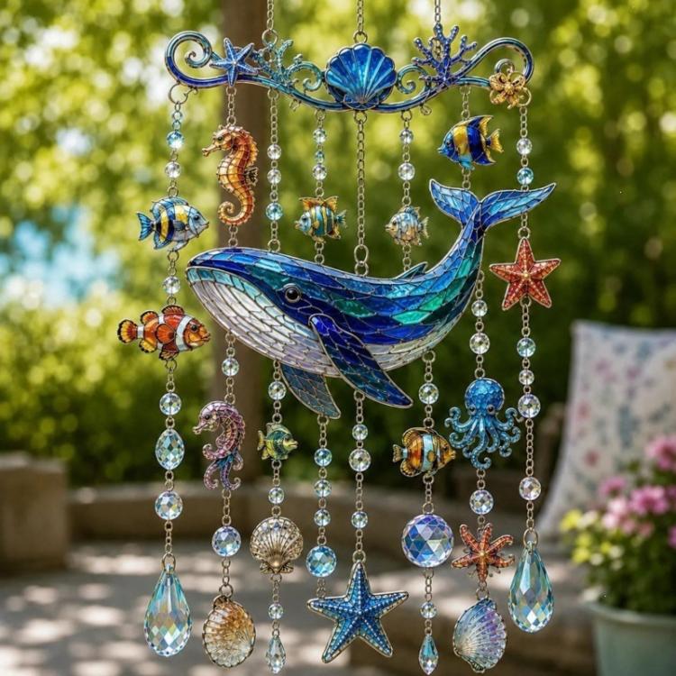 Acrylic dolphin hanging ornament with blue bead chains, starfish, and ocean fish charms