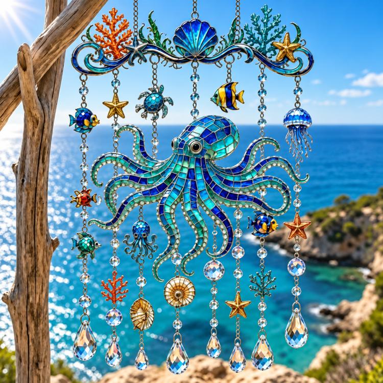Acrylic octopus hanging ornament with blue bead chains, seashells, and starfish dangles