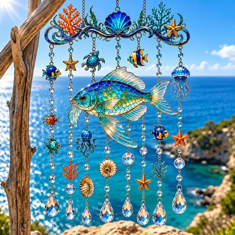Acrylic fish hanging ornament with blue bead chains, seashell charms, and star dangles