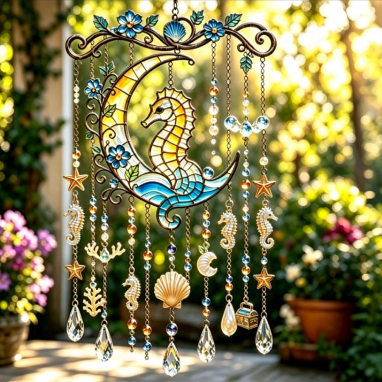 Acrylic seahorse hanging ornament with blue bead chains, shell charms, and star accents
