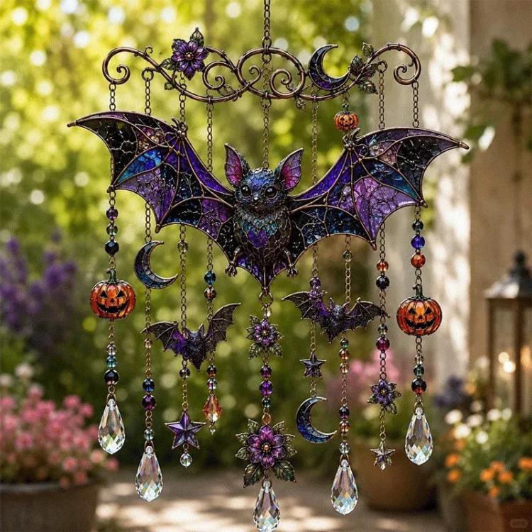 Acrylic bat hanging ornament with dark bead chains, crescent moons, and crystal drops