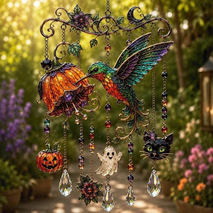 Acrylic hummingbird hanging ornament with multicolor bead chains, cat and bat charms