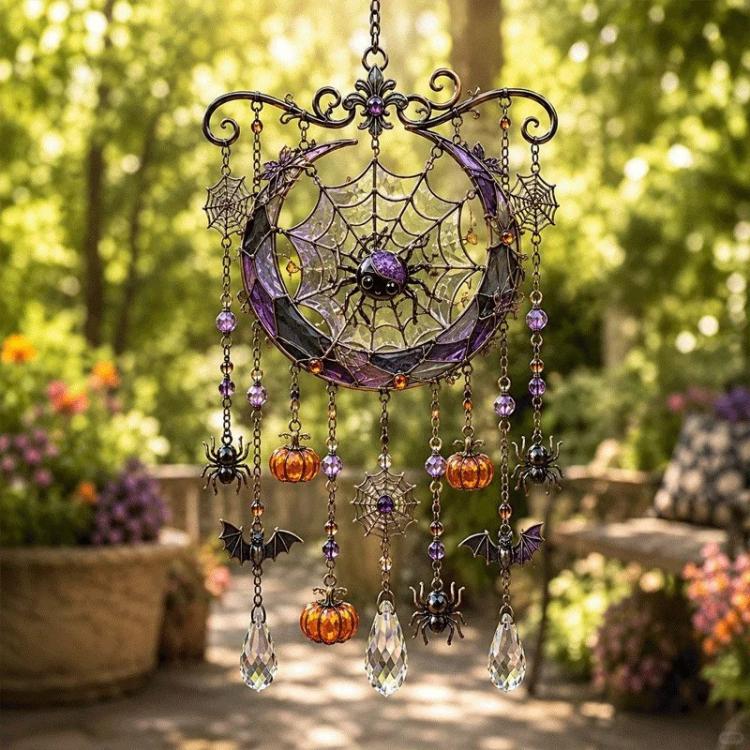 Acrylic moon and spider web hanging ornament with purple bead chains and pumpkin dangles