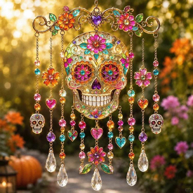 Acrylic skull hanging ornament with colorful floral accents and heart bead chain drops
