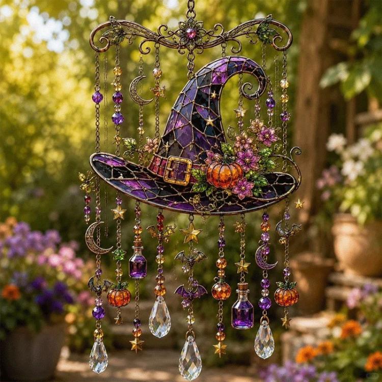 Ocean acrylic pendant garden ornament with purple witch hat, hanging chains, and charms