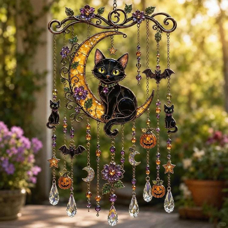 Ocean acrylic pendant garden ornament with black cat, crescent moon, and dangling charms