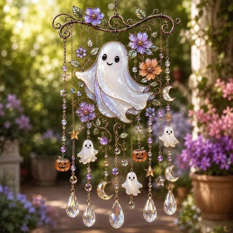 Ocean acrylic pendant garden ornament with white ghost figure and dangling purple beads