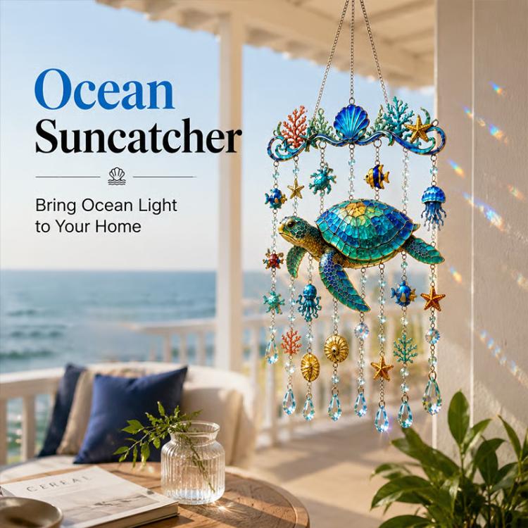 Ocean acrylic pendant garden ornament with blue sea turtle and dangling ocean-themed charms