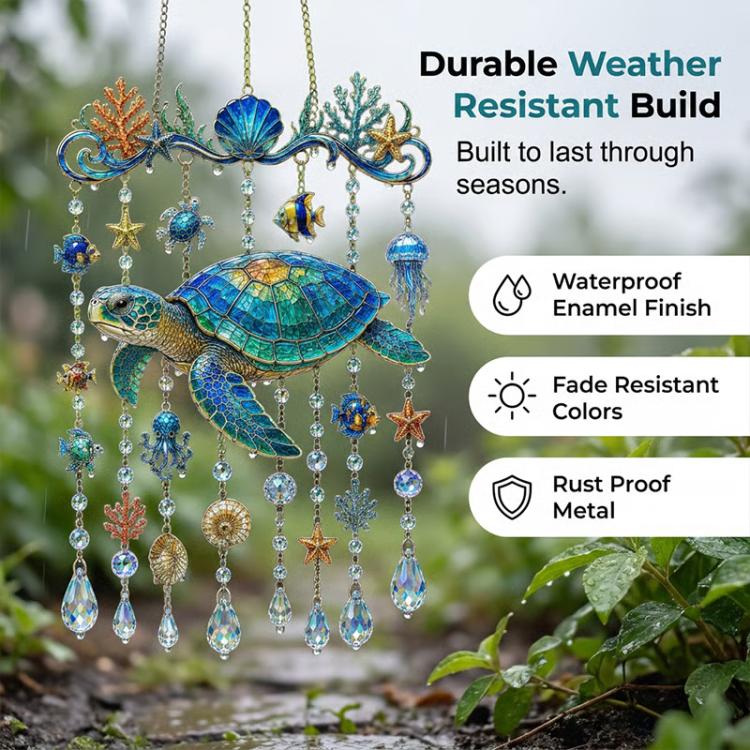 Ocean acrylic pendant garden ornament with blue sea turtle centerpiece and dangling crystal beads
