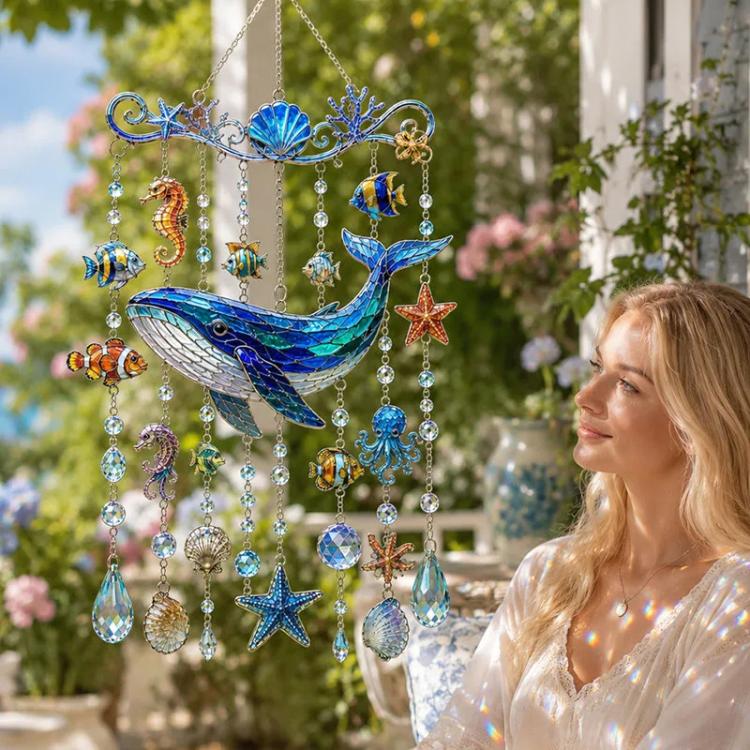 Ocean acrylic pendant garden ornament with blue whale and starfish charms on hanging beads