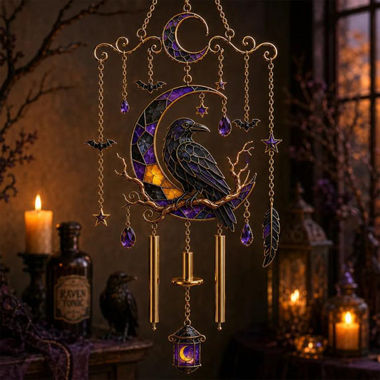 Halloween wind chime with raven figure, crescent moon, leaf charm, stars, and hanging beads