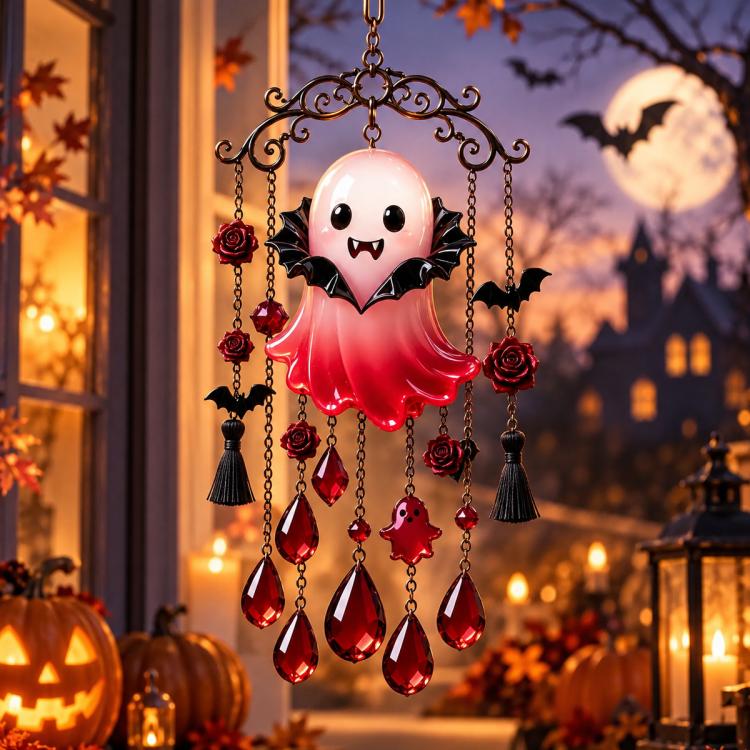 Halloween vampire ghost wind chime with red cape, bat wings, and red crystal drop charms