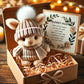 Mini bunny hug plush in gray-striped sweater and pom beanie, gift box with greeting card