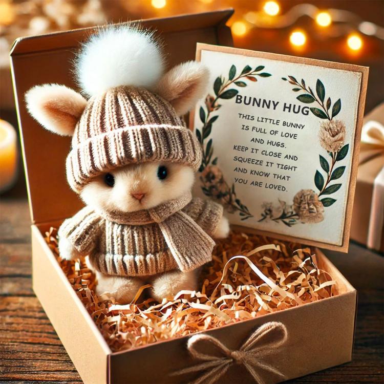 Mini bunny hug plush in gray-striped sweater and pom beanie, gift box with greeting card