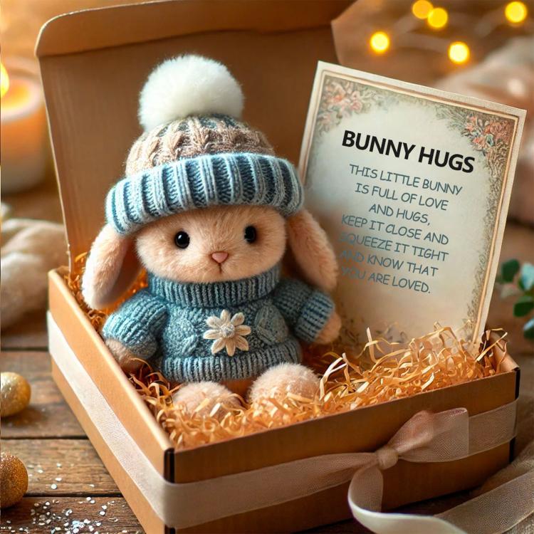 Mini bunny hug plush with blue knit beanie and flower sweater, in a gift box