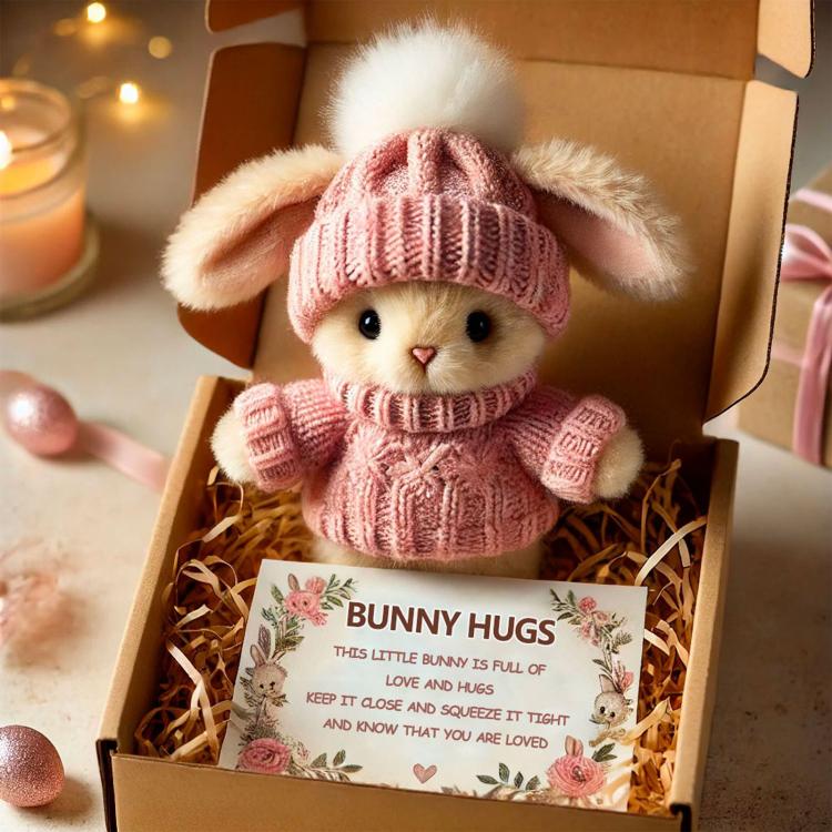 Mini bunny hug plush with pink knit beanie and sweater, in a gift box with card