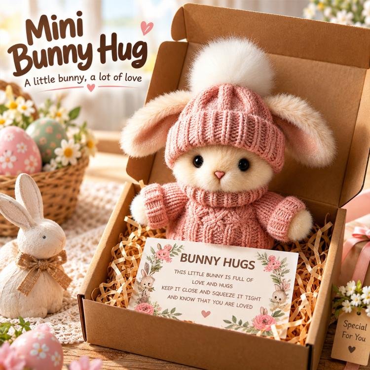 Mini bunny hug plush in pink knit outfit with pom beanie, gift box display