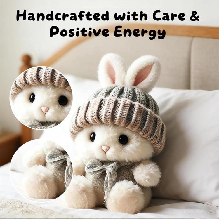 White plush bunny with gray striped knit beanie and bow scarf, handheld look