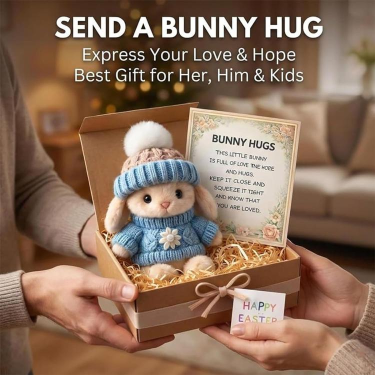 Mini bunny hug gift box held in hands, blue knit plush bunny with greeting card