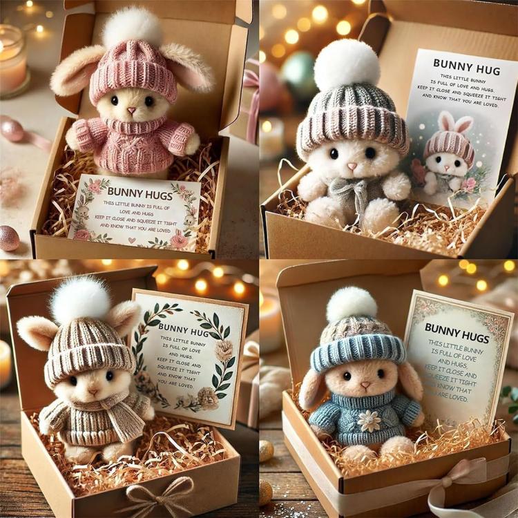 Mini bunny hug gift boxes featuring pink and blue plush bunnies with beanies