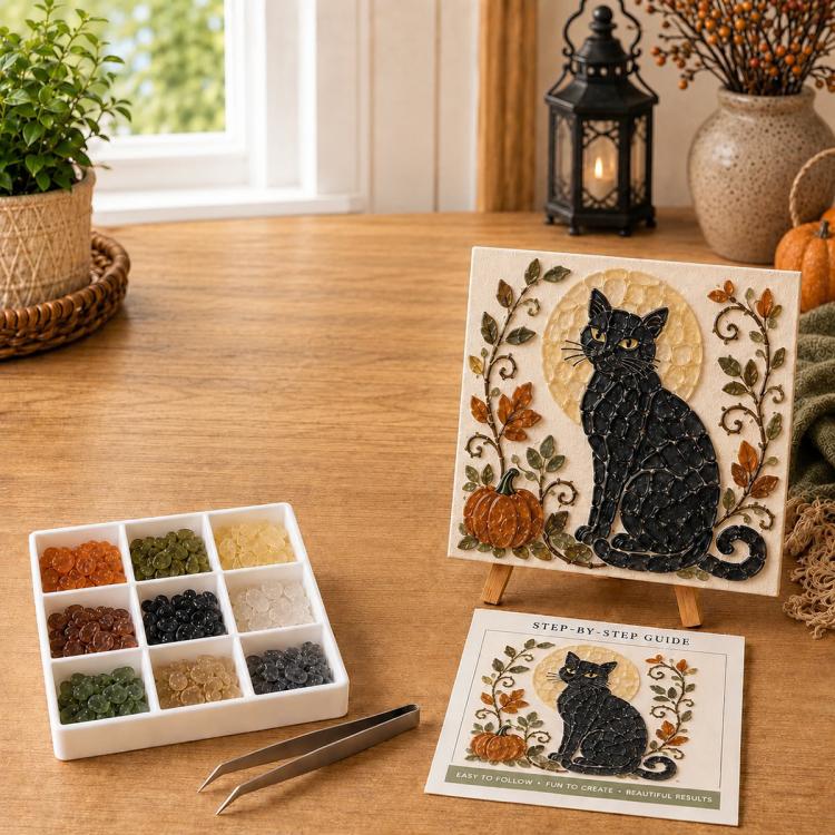 Halloween sea glass DIY art kit with black cat design on easel and guide