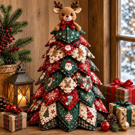 Quilted fabric tree craft kit with reindeer topper and red-green patchwork layers