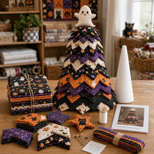 Quilted fabric tree craft kit with ghost topper and purple-black patchwork layers