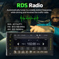 Car MP5 player with touchscreen showing FM radio and RDS station tuning