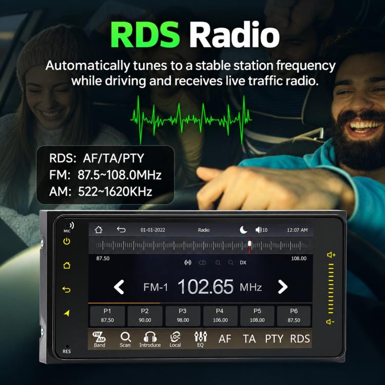 Car MP5 player with touchscreen showing FM radio and RDS station tuning