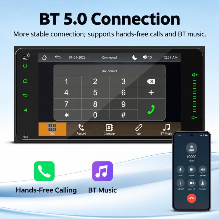 Car MP5 player with touchscreen showing BT 5.0 hands-free calling and BT music