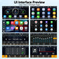 Car MP5 player touchscreen UI with multiple app pages, radio, and phone screens