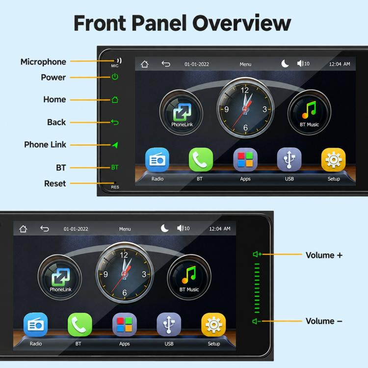 Car MP5 player front panel touchscreen with volume controls and microphone