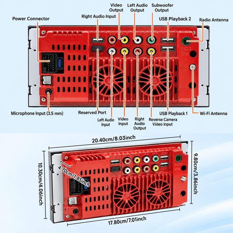 Car MP5 player back panel with wiring ports, antenna, USB playback, and power connector
