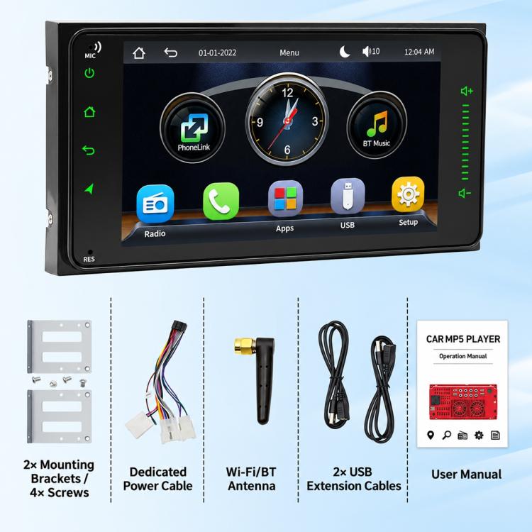Car MP5 player unit with mounting kit, power cable, Wi-Fi/BT antenna, and USB leads