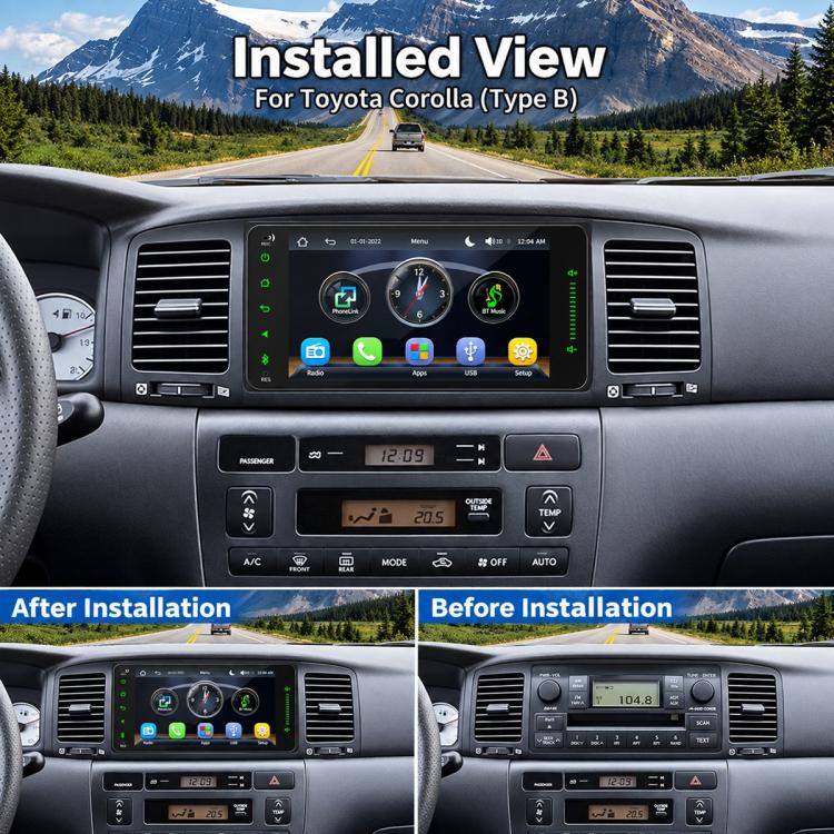 In-dash 7-inch full-touch MP5 player stereo installed in car dashboard, touchscreen with media icons