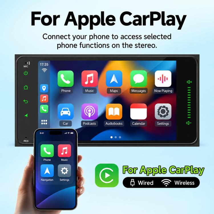7-inch full-touch car MP5 player stereo with touchscreen showing Apple CarPlay app icons