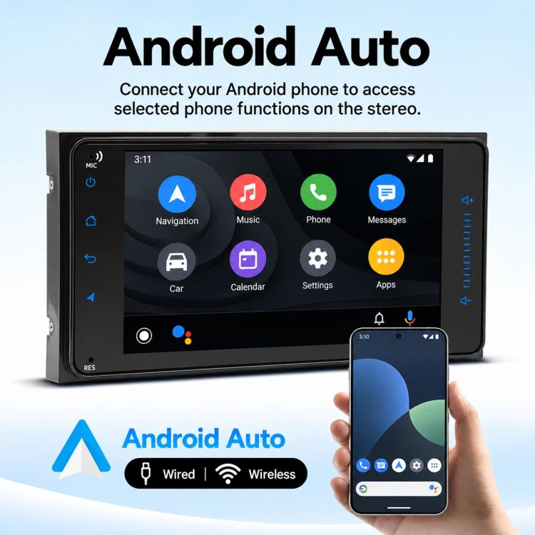 7-inch full-touch car MP5 player stereo with touchscreen showing Android Auto app interface