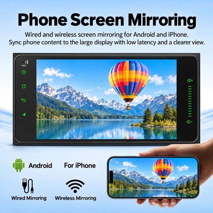 7-inch full-touch car MP5 player stereo with touchscreen displaying phone screen mirroring video