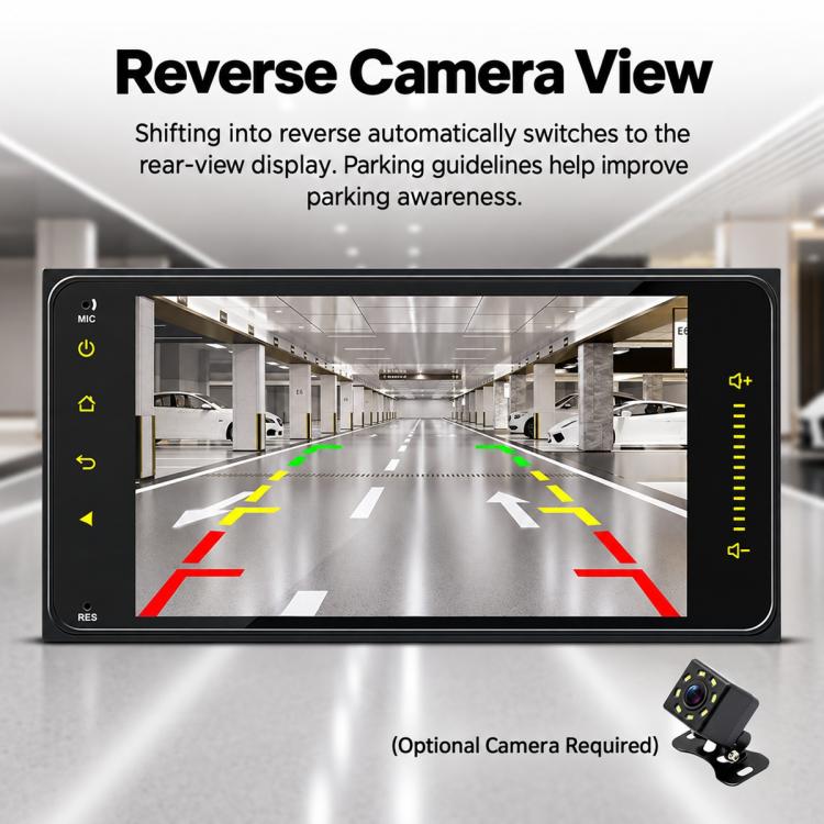 7-inch full-touch car MP5 player stereo touchscreen showing reverse camera view with parking lines
