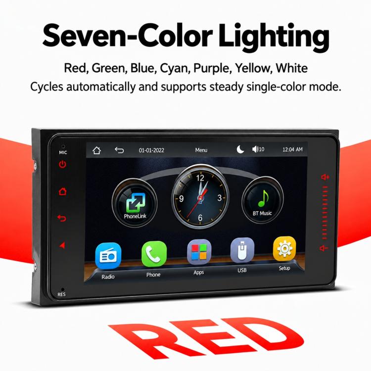 7-inch full-touch car MP5 player stereo with multi-color lighting on side controls and touchscreen