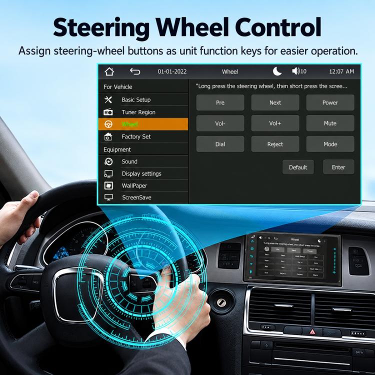 7-inch full-touch car MP5 player stereo with steering-wheel control settings menu on touchscreen