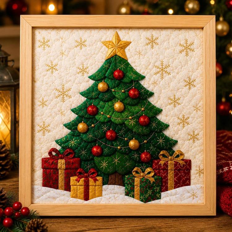 Framed Christmas fabric art kit featuring a decorated tree with star and wrapped gifts