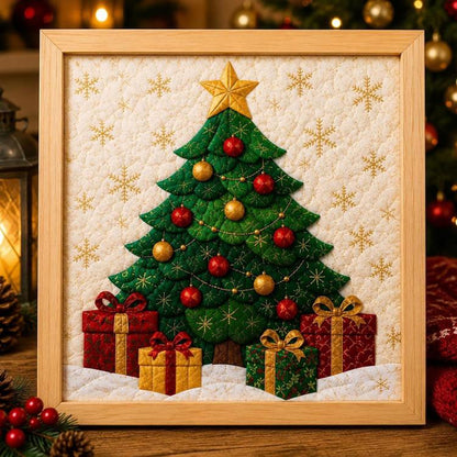 Framed Christmas fabric art kit featuring a decorated tree with star and wrapped gifts
