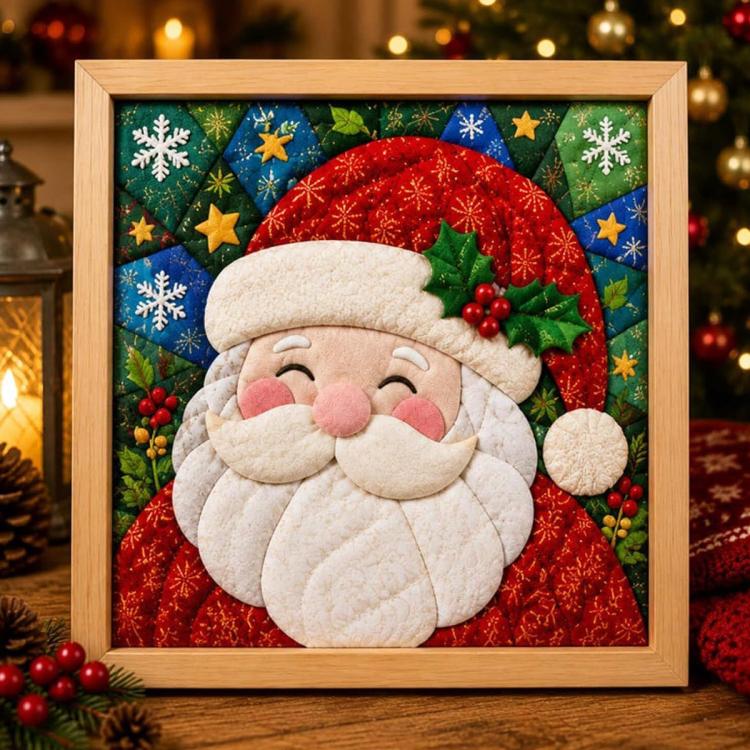 Framed Christmas fabric art kit featuring a Santa Claus with holly and gift patches