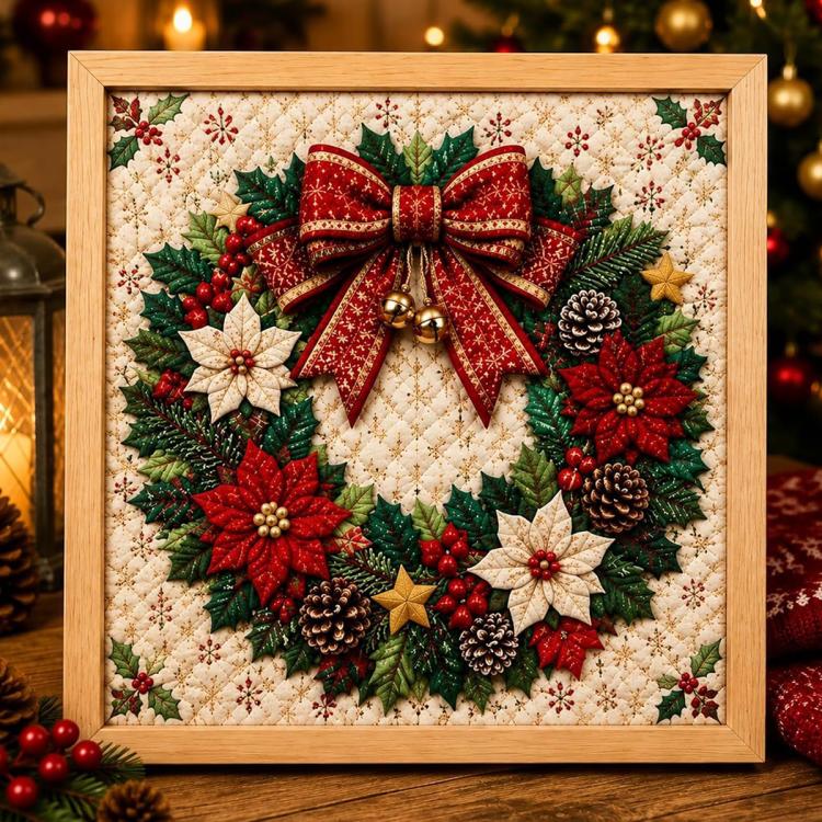 Framed Christmas fabric art kit featuring a full wreath with bow, pinecones, and holly