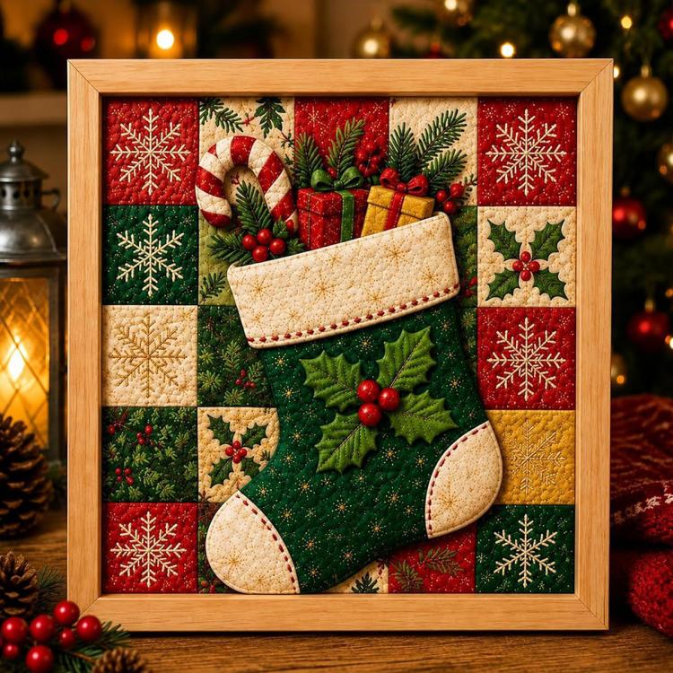 Framed Christmas fabric art kit featuring a patterned Christmas stocking with holly