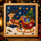 Framed Christmas fabric art kit featuring a reindeer pulling a sleigh with stars and gifts