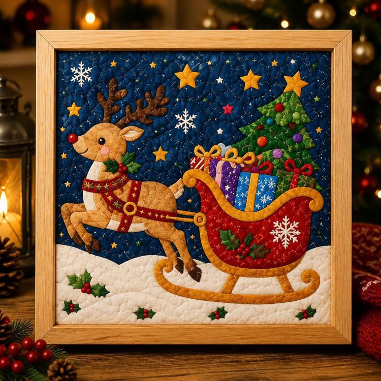 Framed Christmas fabric art kit featuring a reindeer pulling a sleigh with stars and gifts