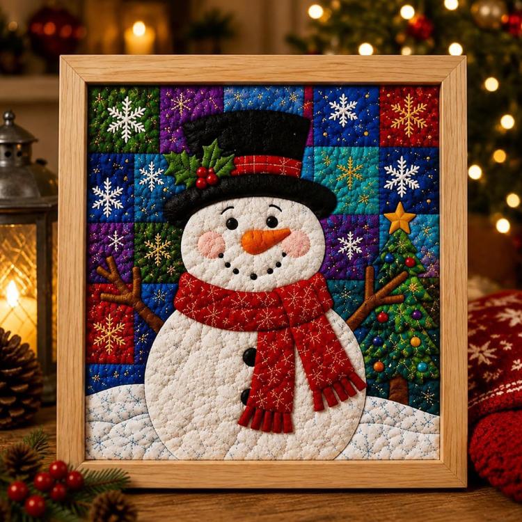 Framed Christmas fabric art kit featuring a snowman in a hat with colorful patch background
